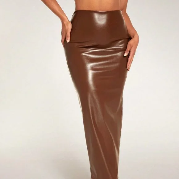 Coffee Brown Preppy Womens High Waist PU Leather Pencil Skirt - Picture 5 of 5